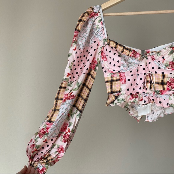 For Love and Lemons Marissa Patchwork Crop Puff Sleeve Shirt Top Size Small S - Picture 6 of 16